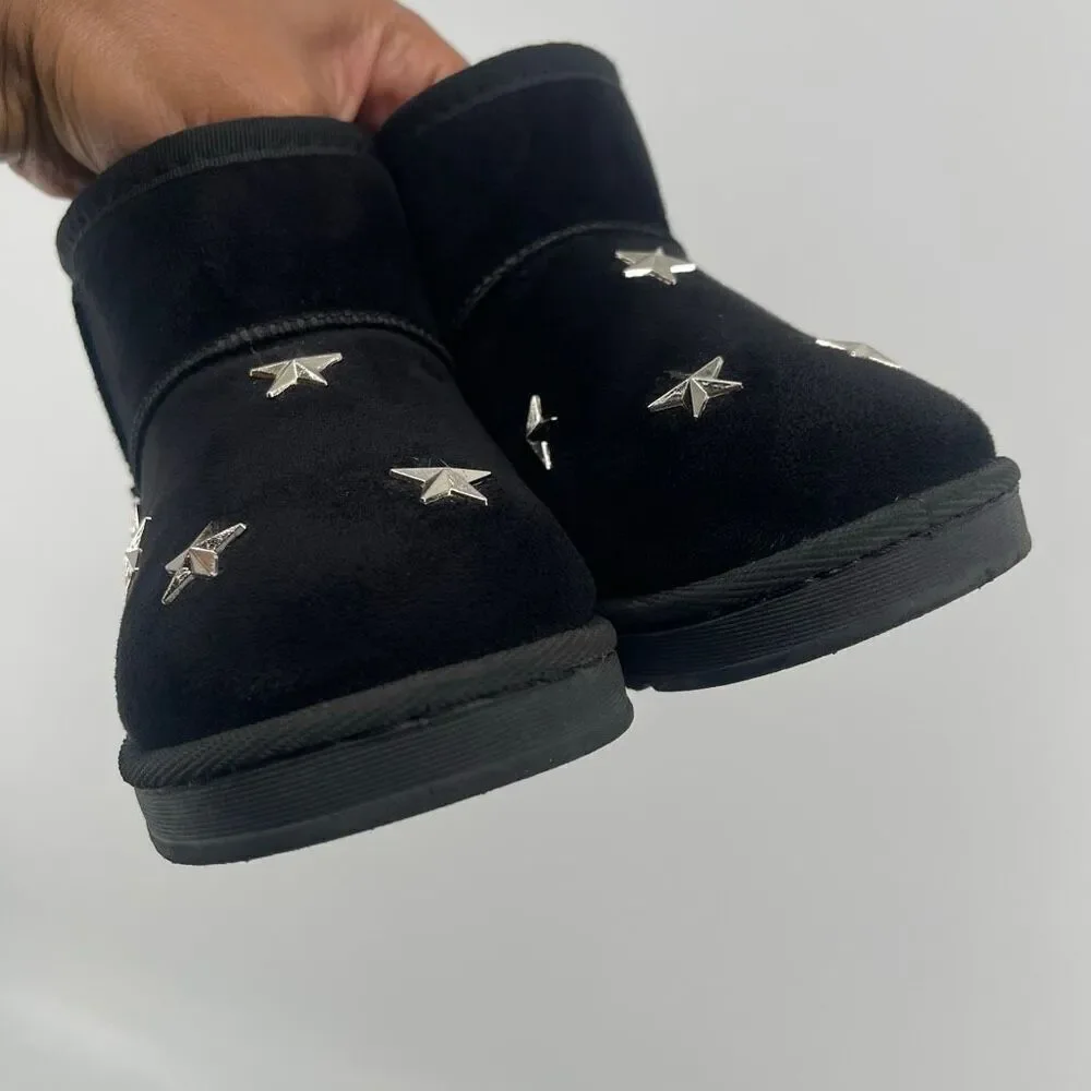 Chulis Girls Black Star Studded Faux Fur Ankle Boots Size 13